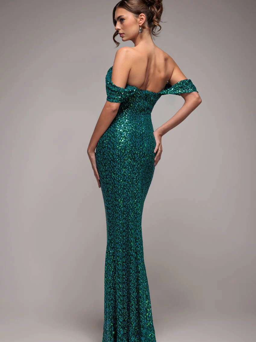 Off The Shoulder Sequin Wing Maxi - Emerald Green DR2791