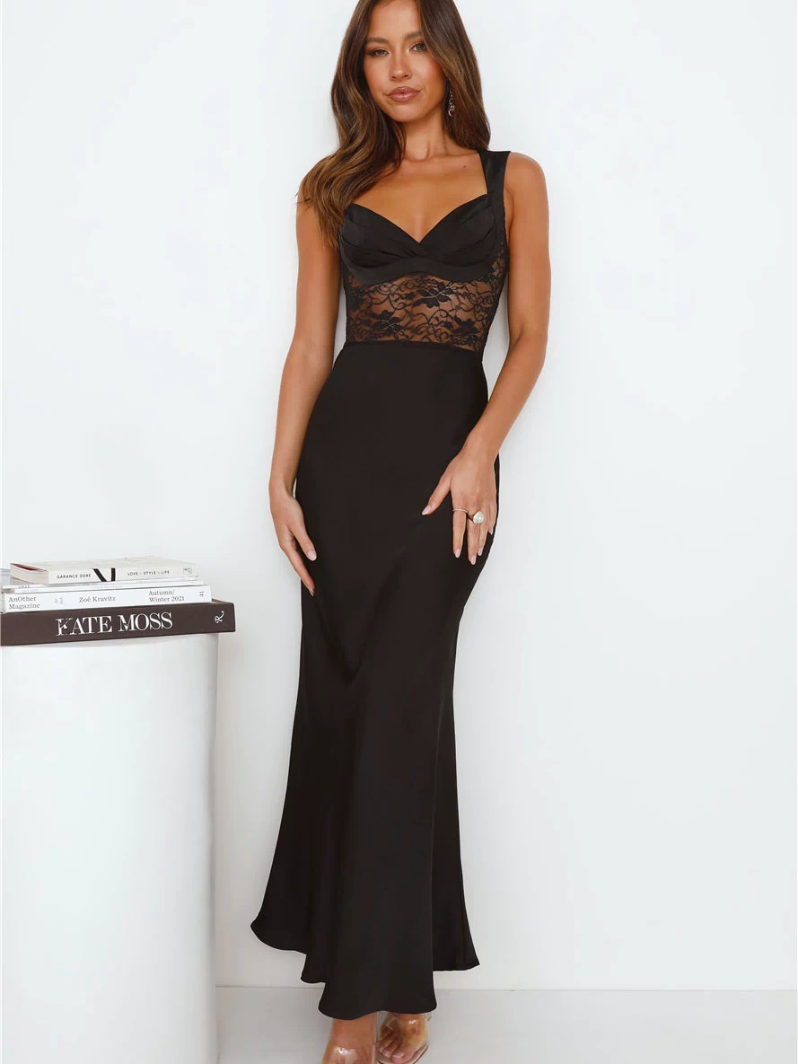 Going Out To Party Satin Maxi Dress Black