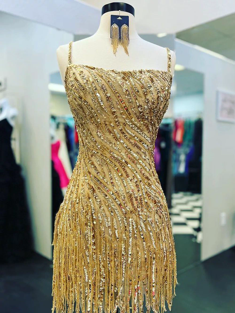 Sparkly Gold Spaghetti Straps Sequins Tight Short Hoco Dress with Fringes