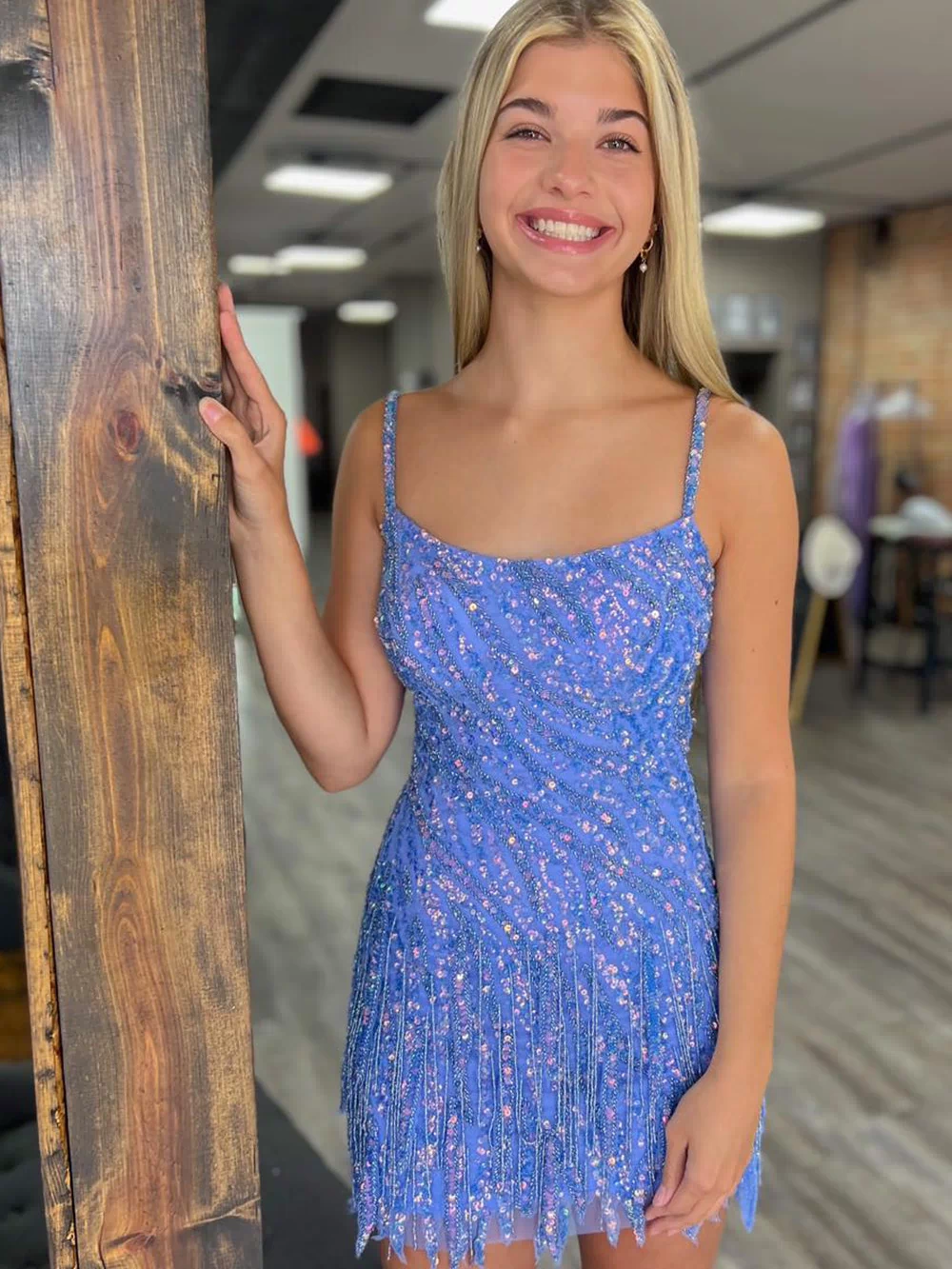 Sparkly Gold Spaghetti Straps Sequins Tight Short Hoco Dress with Fringes