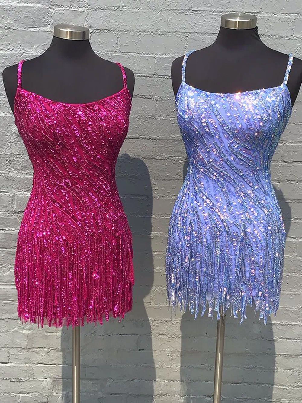 Sparkly Gold Spaghetti Straps Sequins Tight Short Hoco Dress with Fringes