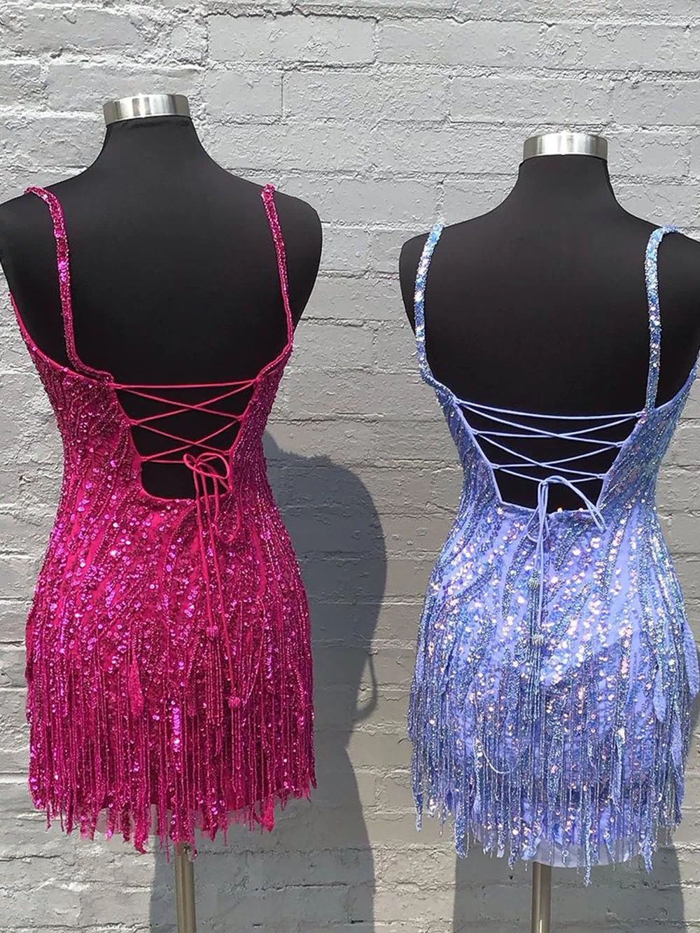 Sparkly Gold Spaghetti Straps Sequins Tight Short Hoco Dress with Fringes