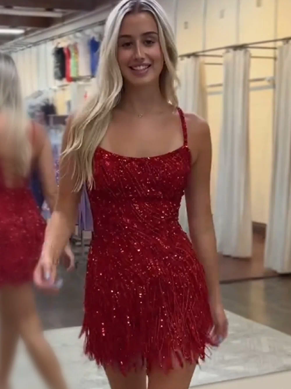 Sparkly Gold Spaghetti Straps Sequins Tight Short Hoco Dress with Fringes