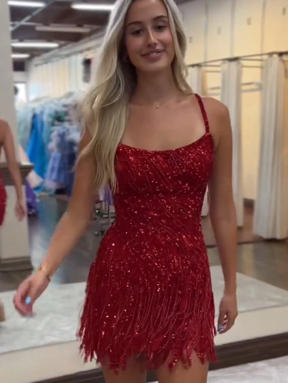 Sparkly Gold Spaghetti Straps Sequins Tight Short Hoco Dress with Fringes