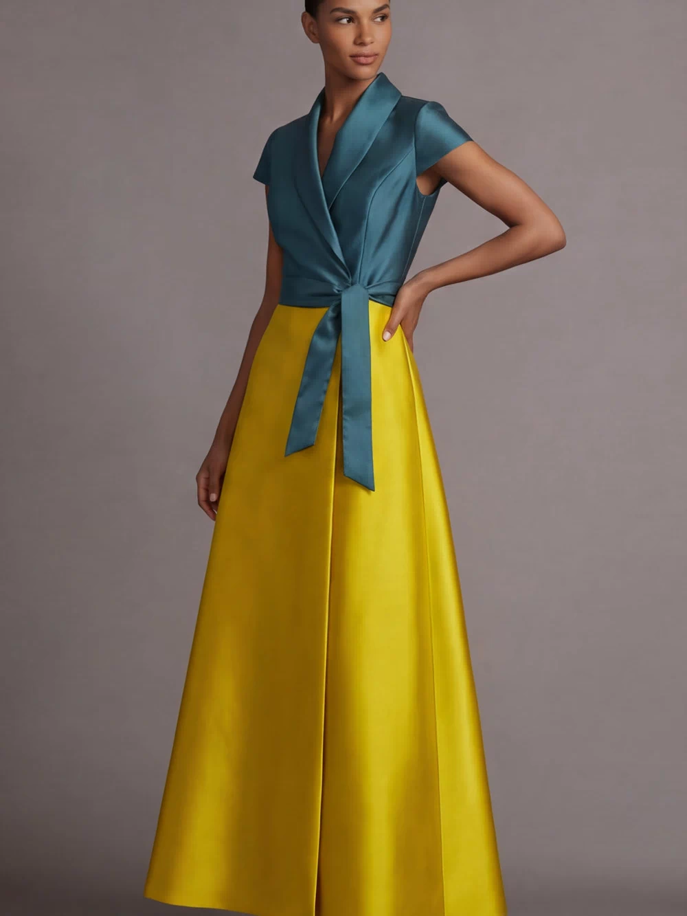 Golden and Peacock Blue A Line Satin Long Wedding Guest Dress