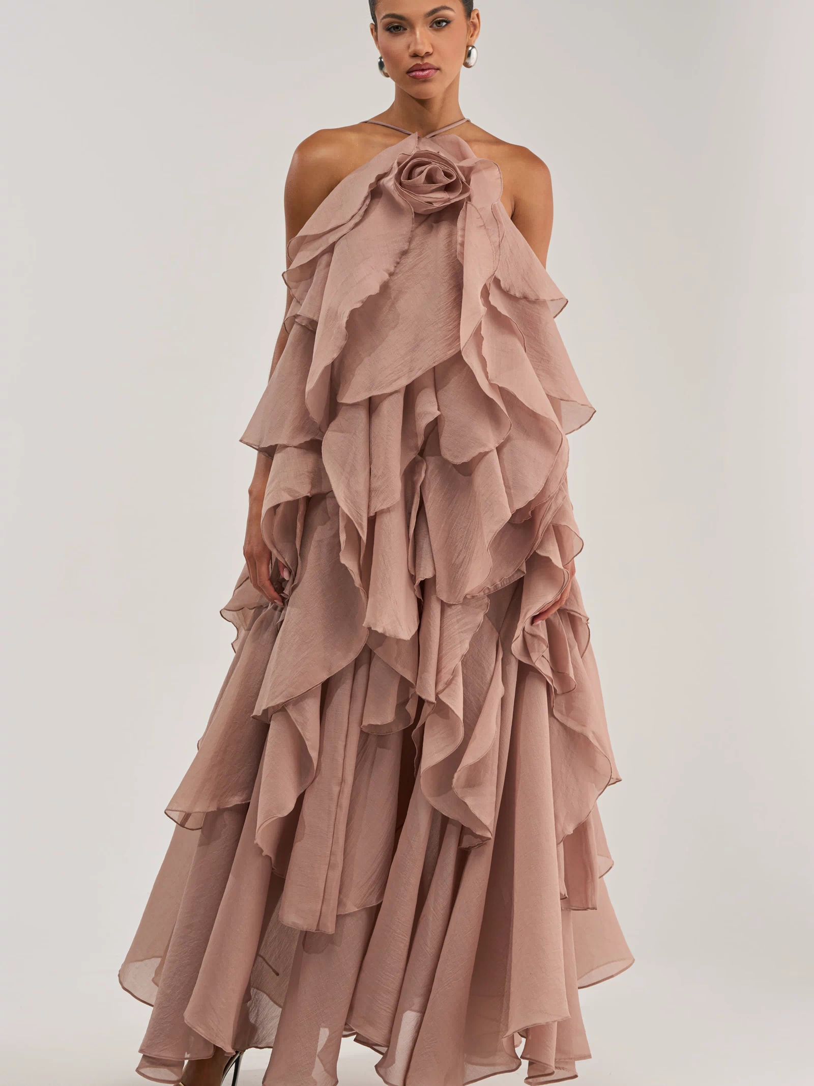 GOLDEN HOUR FLORAL CHIFFON MAXI DRESS IN MAUVE