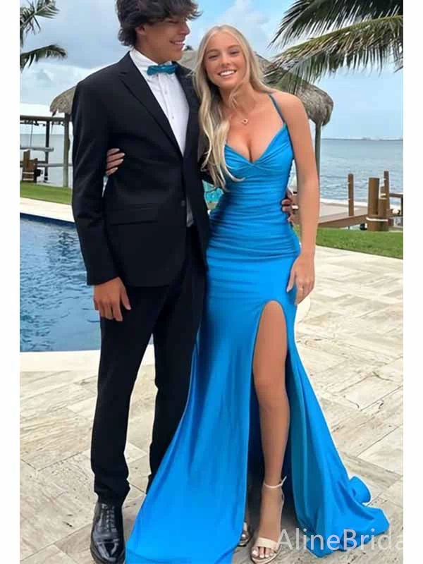 Elegant Blue V-neck Backless Mermaid Long Prom Dress with Slit, PD381823