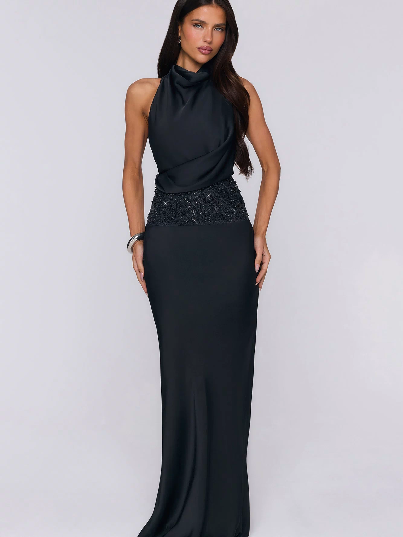 Gossip And Glitter Halter Satin Maxi Dress Black
