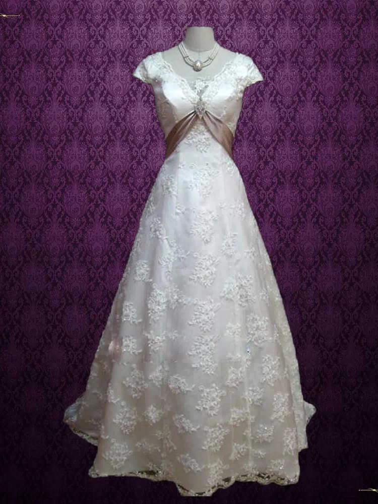 Graceful Empire Cap Short Sleeves A-line Princess Lace Wedding Dress | Grace