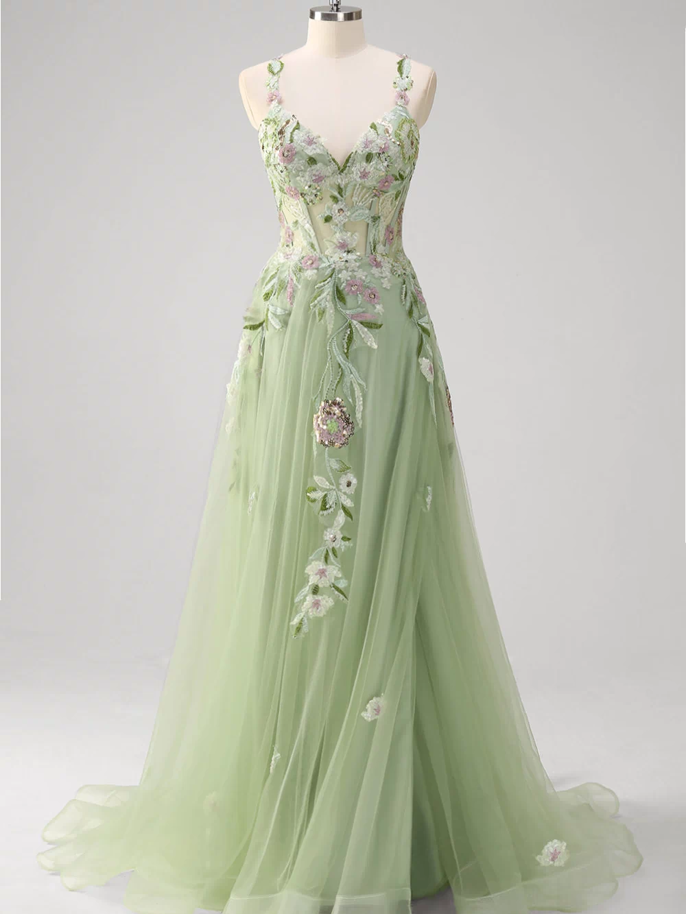 Sparkly Green A-Line Spaghetti Straps Corset Sequin Long Prom Dress With Slit