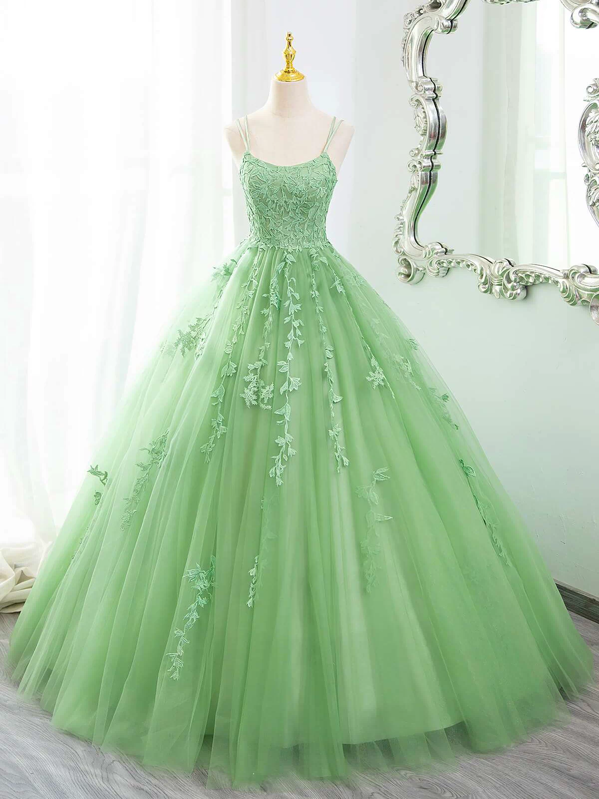 Green Ball Gown Tulle with Lace Prom Dress Party Dress, Green Formal Dress