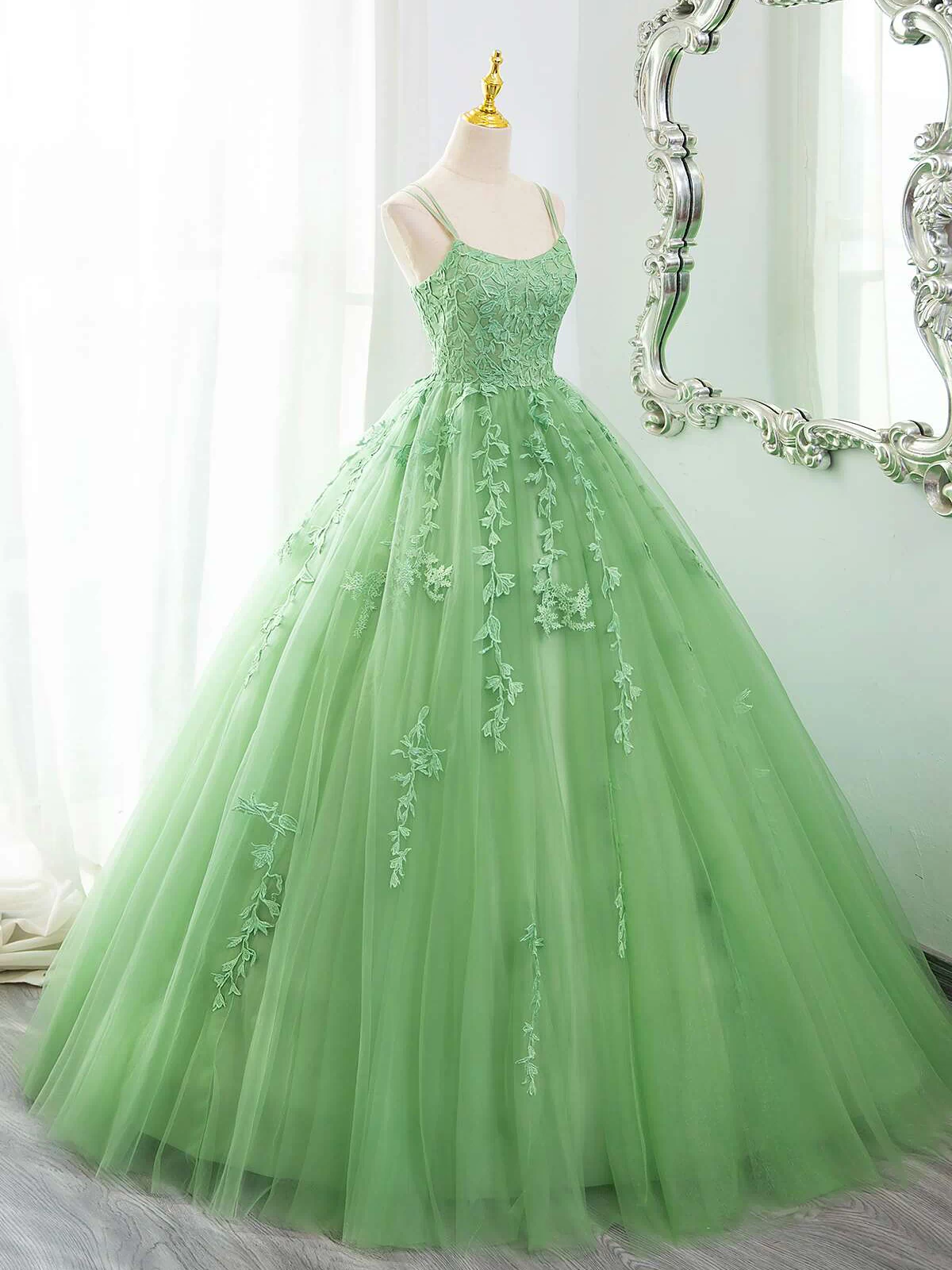 Green Ball Gown Tulle with Lace Prom Dress Party Dress, Green Formal Dress
