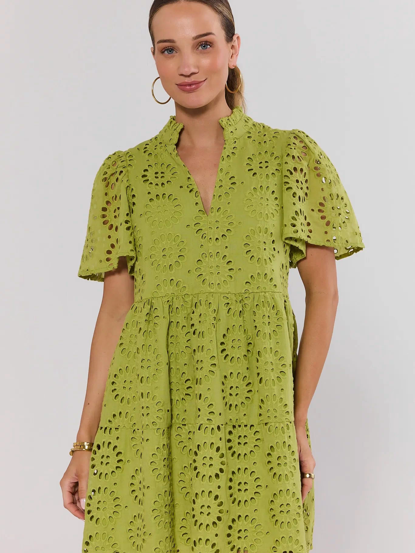 Green Eyelet Embroidered Short Dress