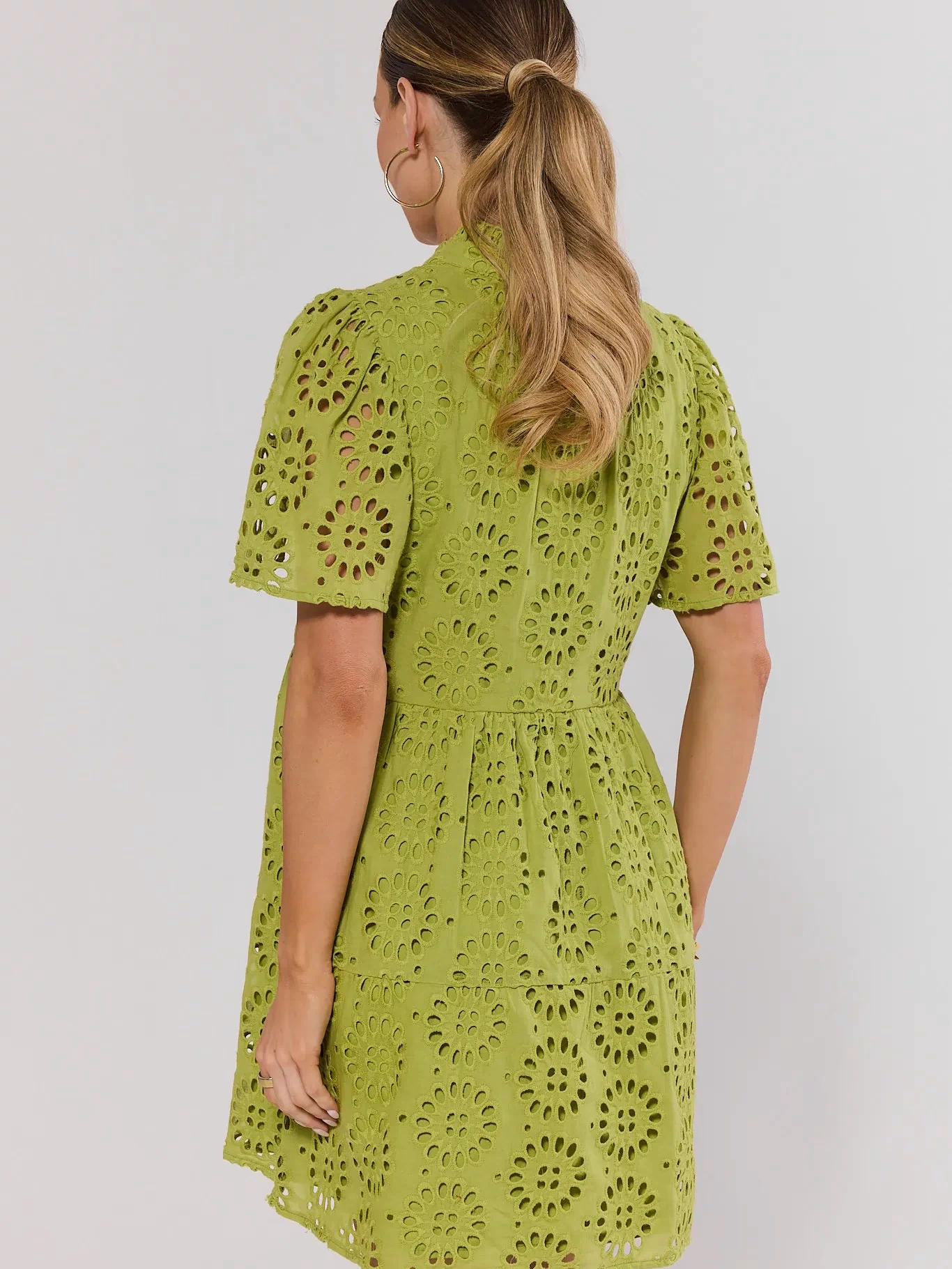 Green Eyelet Embroidered Short Dress - Back View, Tiered Skirt Detail | Avara