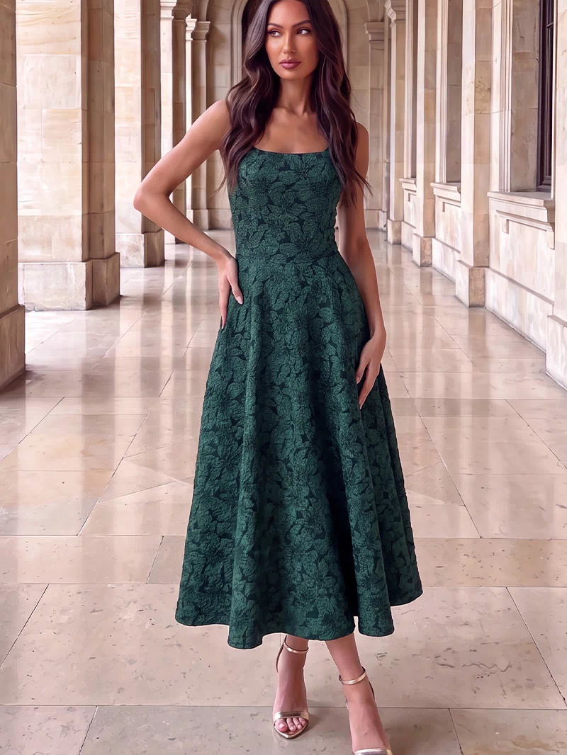 Green Floral Jacquard Square Neck A-line Midi Dress