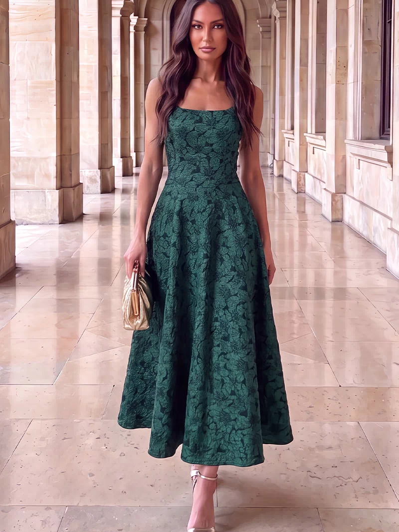 Green-Floral-Jacquard-Square-Neck-A-line-Midi-Dress-2.jpg