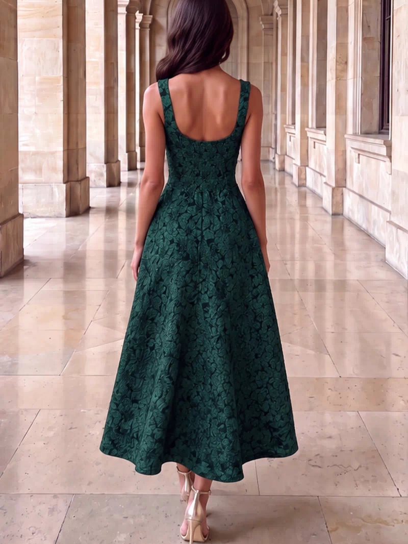 Green-Floral-Jacquard-Square-Neck-A-line-Midi-Dress-4.jpg