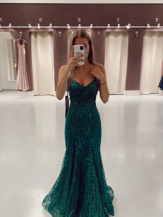 Green Mermaid Sequins Long Prom Dress Tulle Formal Evening Dress 2476