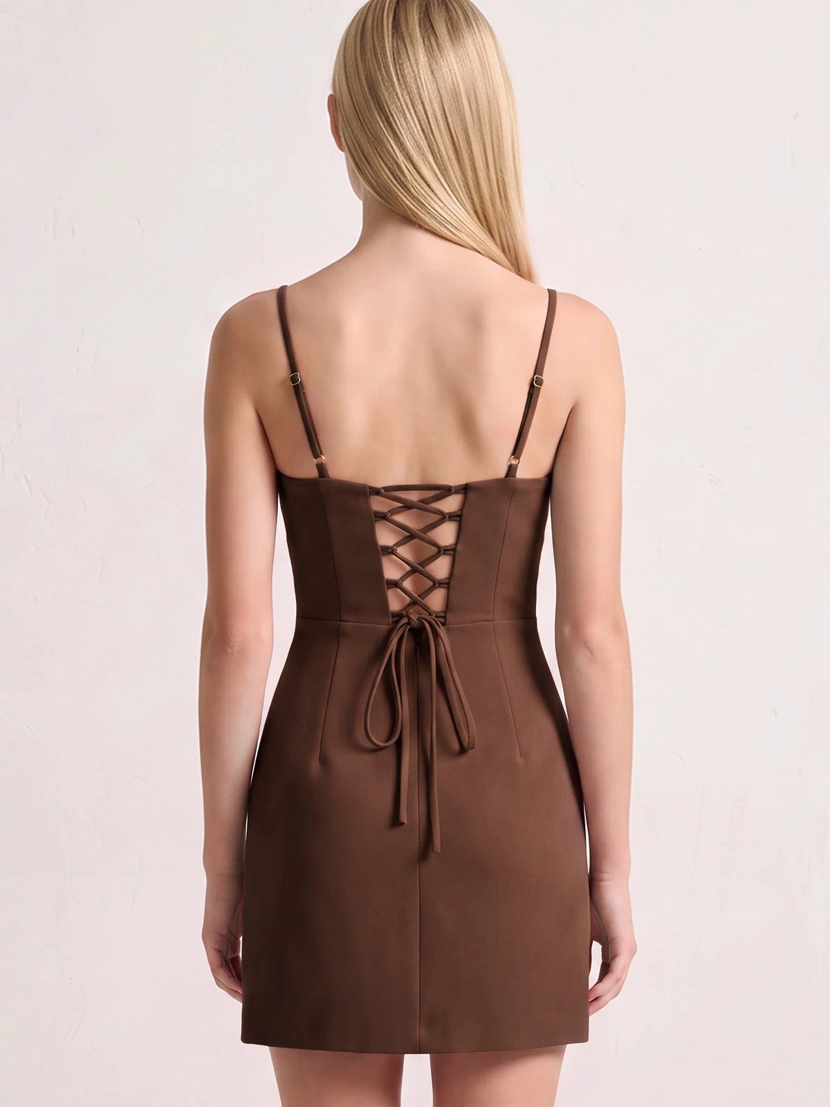 Brown Spaghetti Straps Sheath Satin Mini Homecoming Dress (2) | KISSPROM