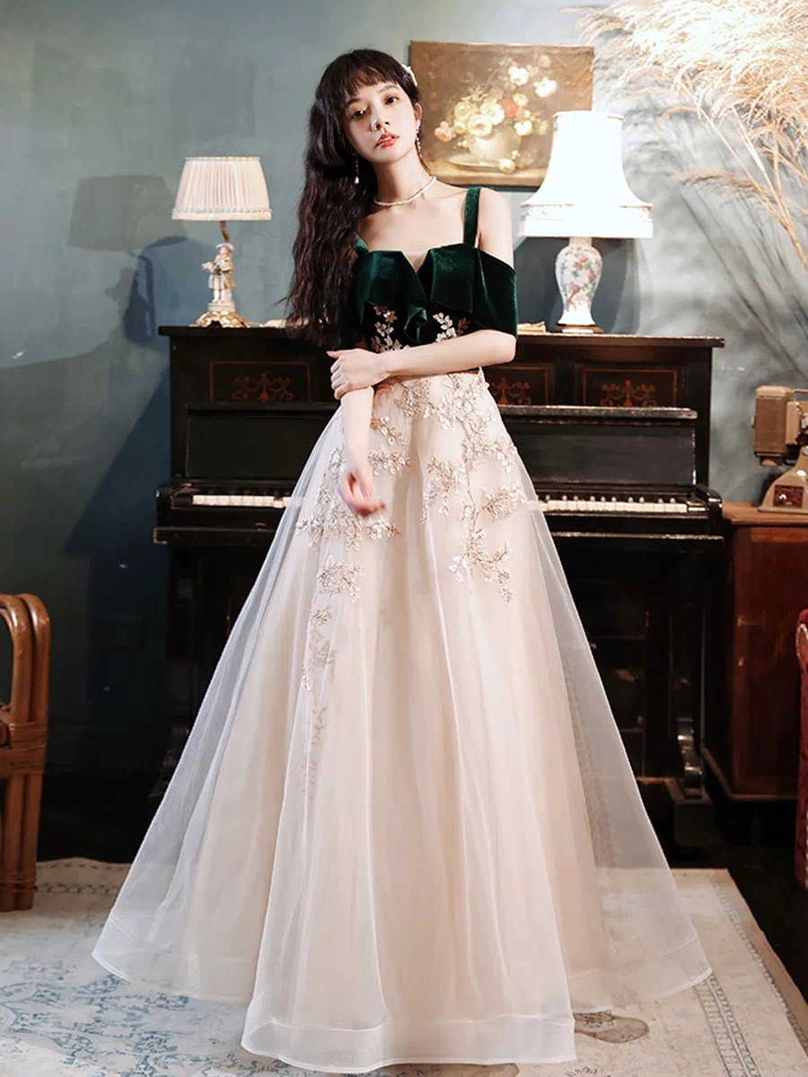 A line Green Tulle Lace Long Prom Dress, Green Formal Evening Party Dress