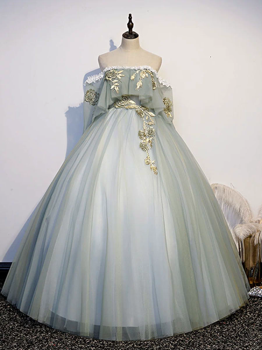 Green Tulle Lace Long Prom Dress, Green Tulle Sweetheart 16 Dress