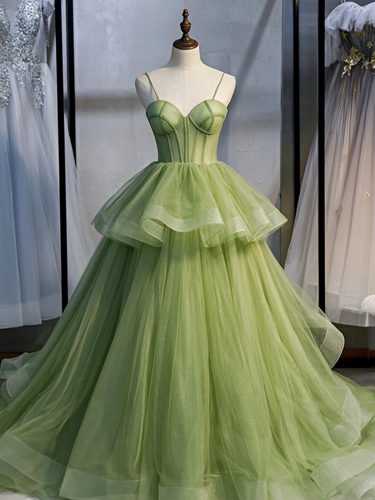 Green Tulle Long Prom Dresses, A-Line Evening Dresses with Train