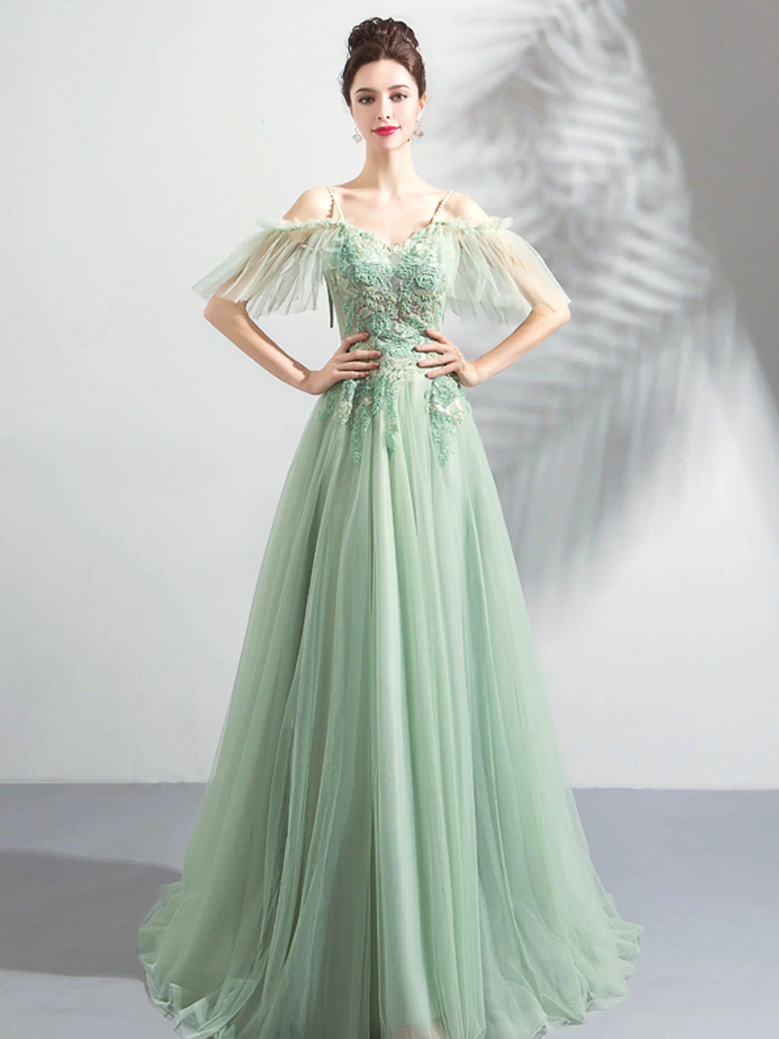 Green Tulle Off Shoulder Long Prom Dress, Green Tulle Evening Dress