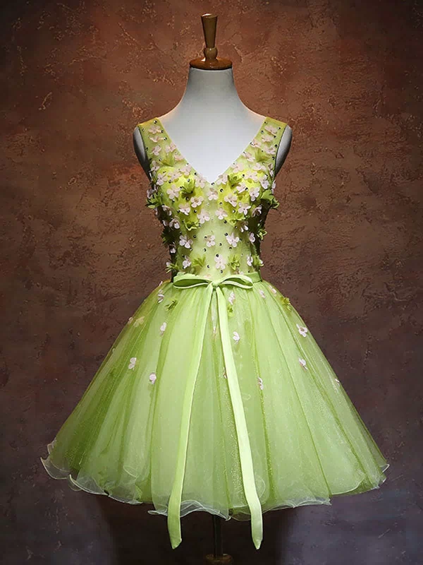Green V Neck Tulle Short Prom Dress, Green Homecoming Dress