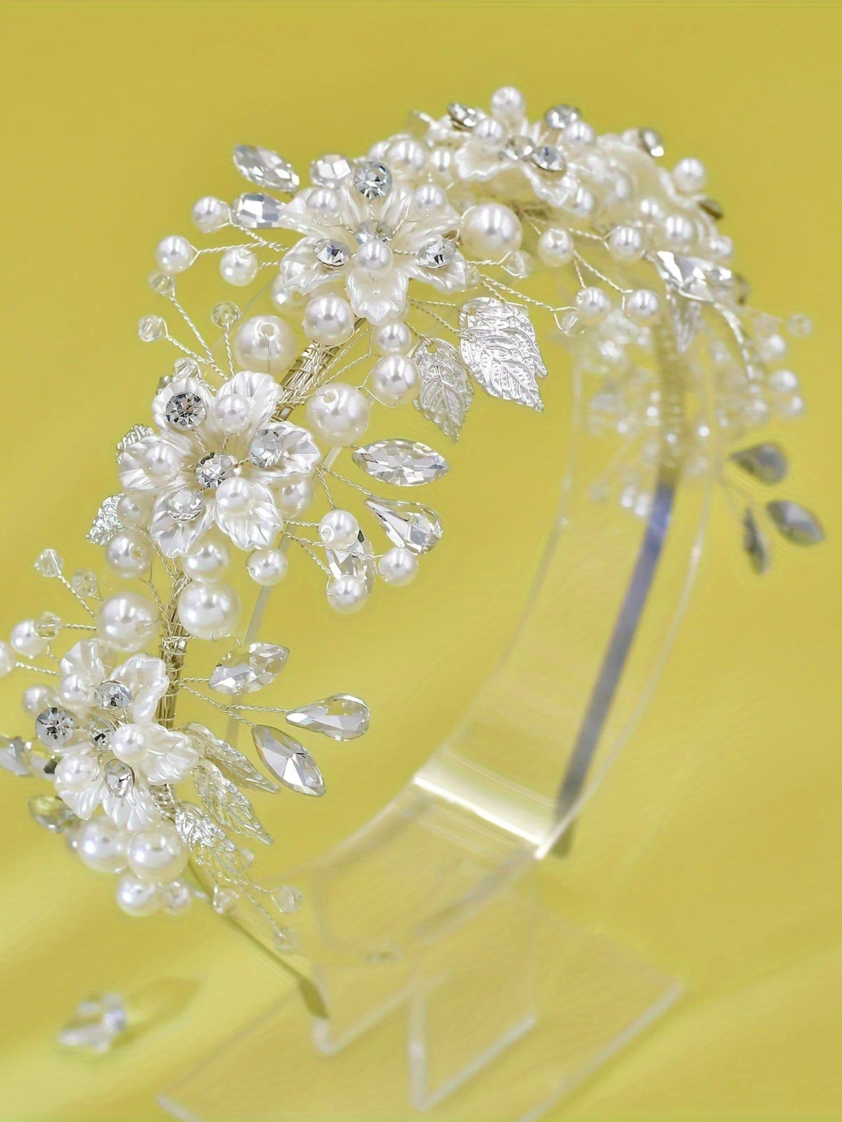 Hair Accessories Clear Crystal-Style Bridal Crown Headband with Silver-Tone Floral Wirework