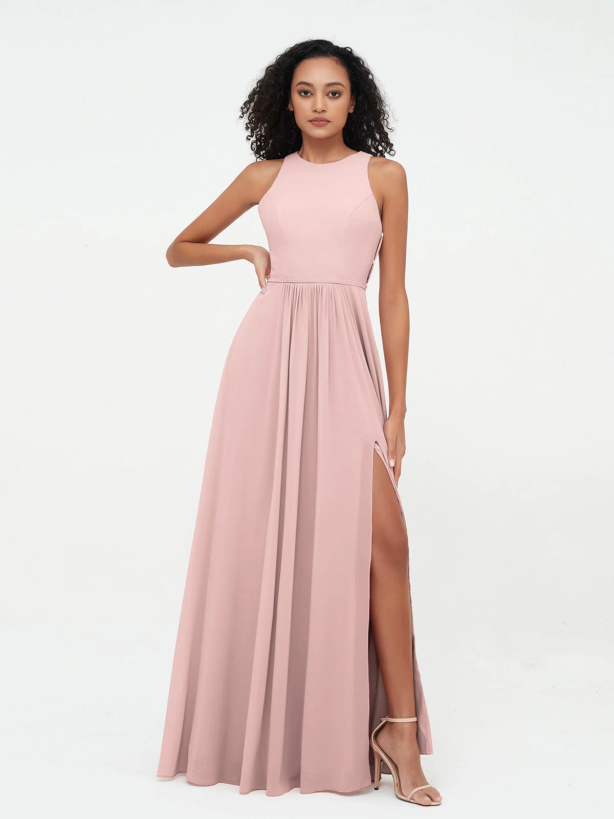 Halter Neck Max Chiffon Dresses with Slit Dusty Rose