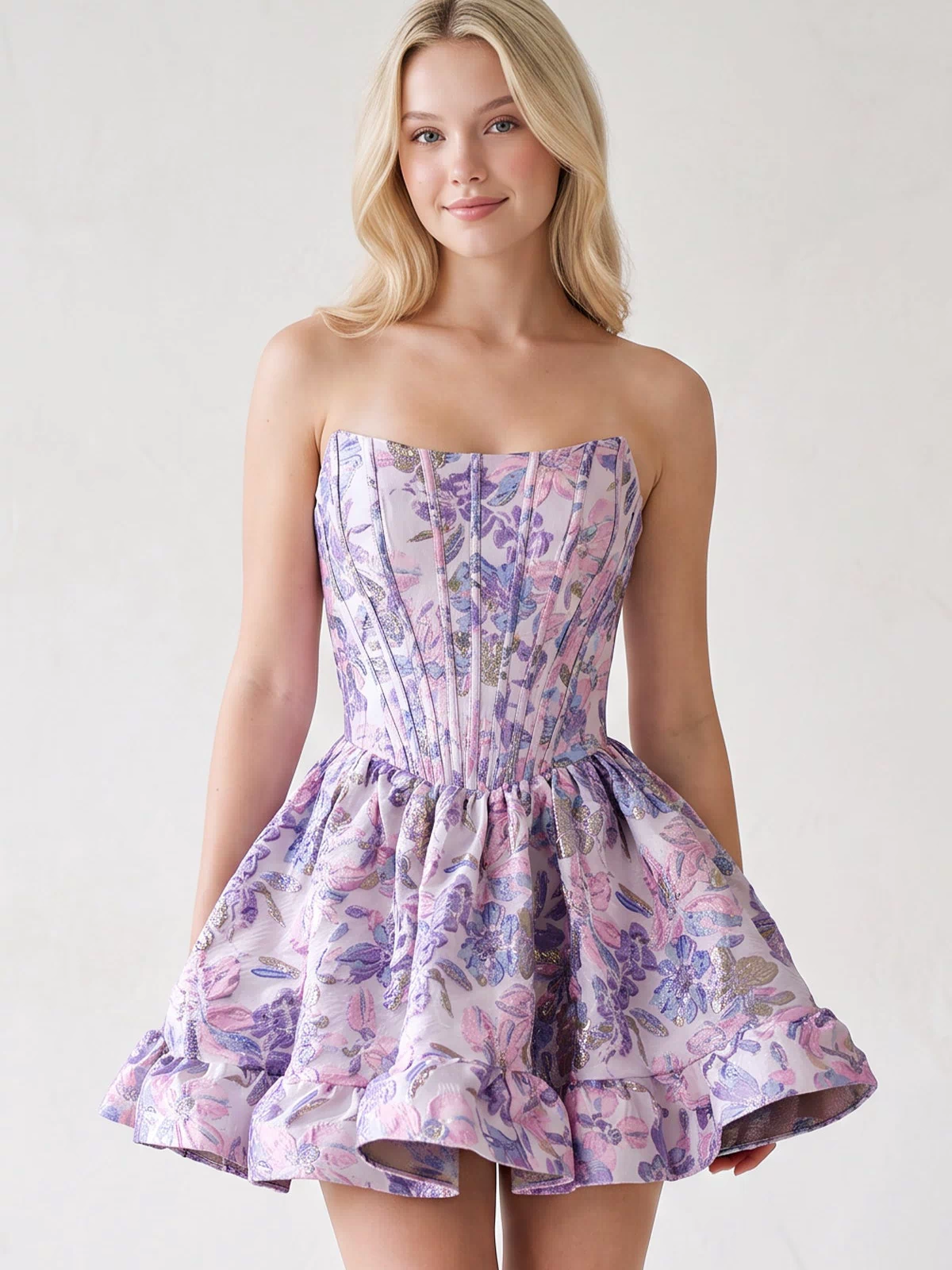 Purple Strapless A-Line Floral Homecoming Dress