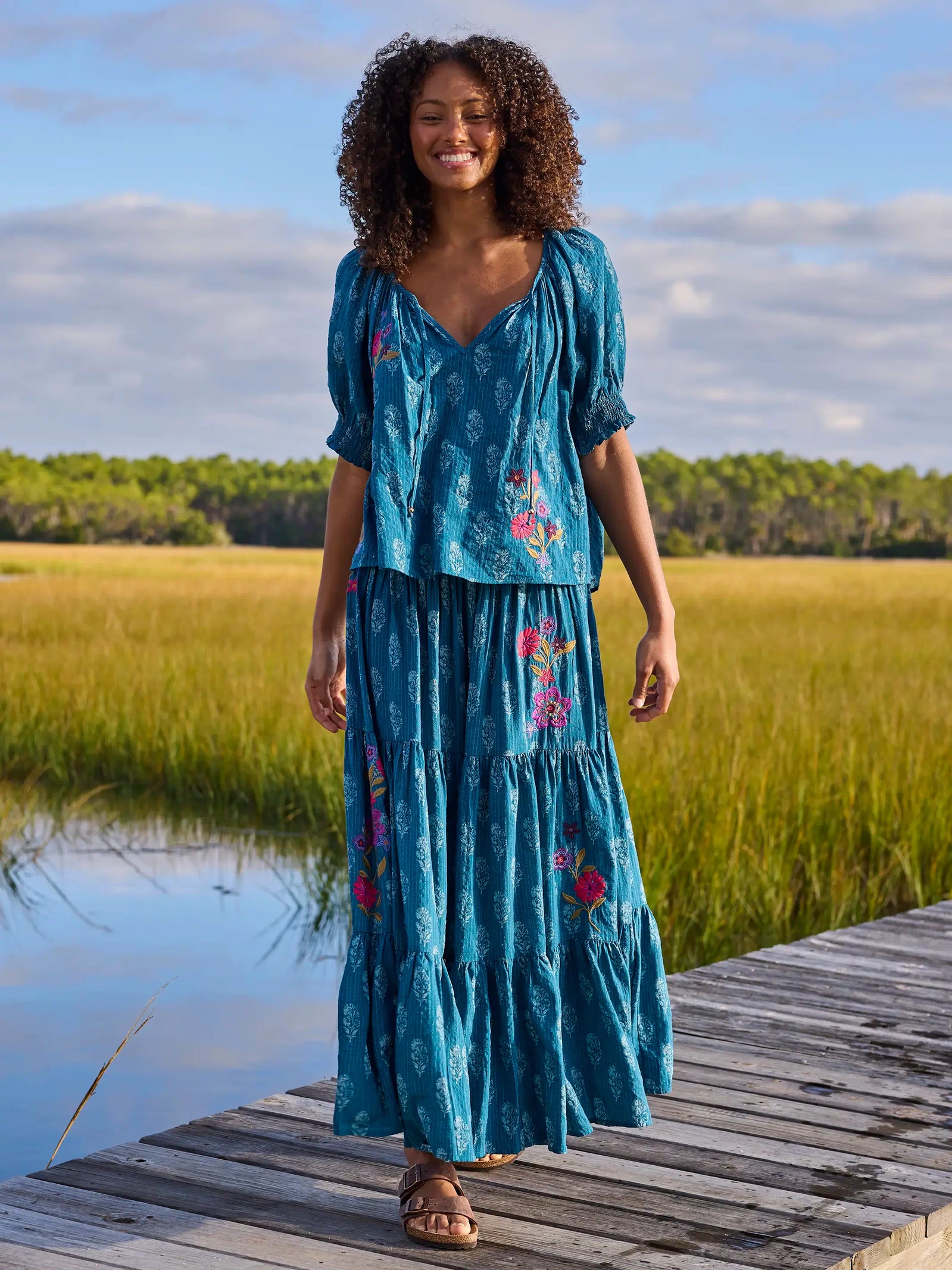 Hanna Embroidered Convertible Maxi Skirt - Block Stamp Indigo-view 2