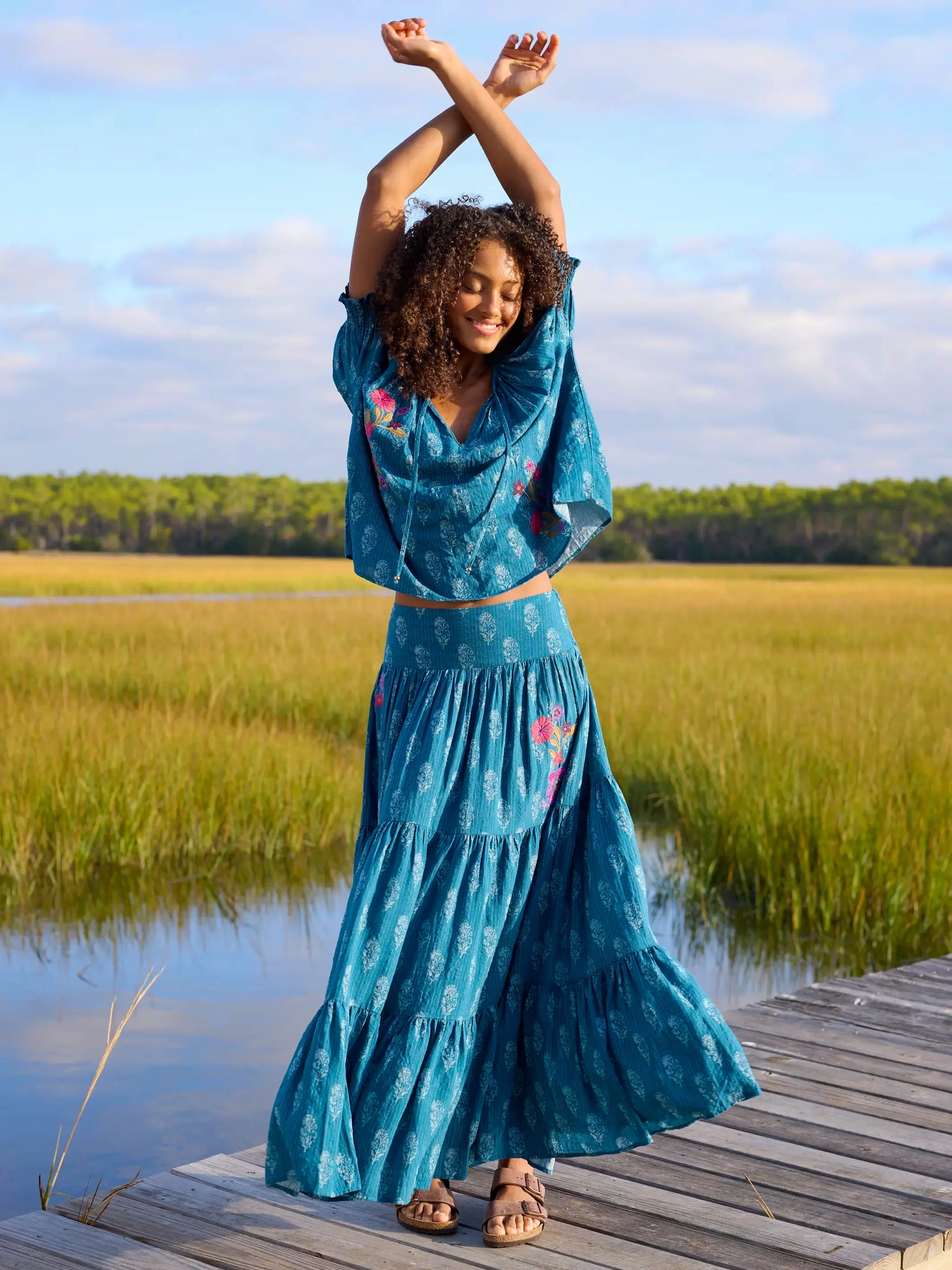 Hanna Embroidered Convertible Maxi Skirt - Block Stamp Indigo-view 4