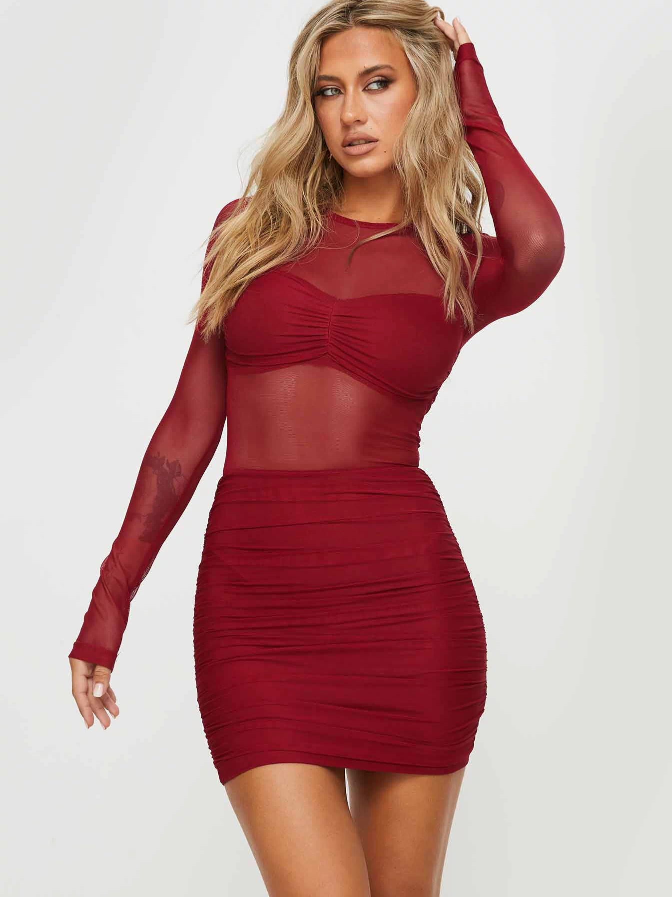 front view of model wearing Princess Polly Hapstall Long Sleeve Mini Dress Burgundy Crew Neck 