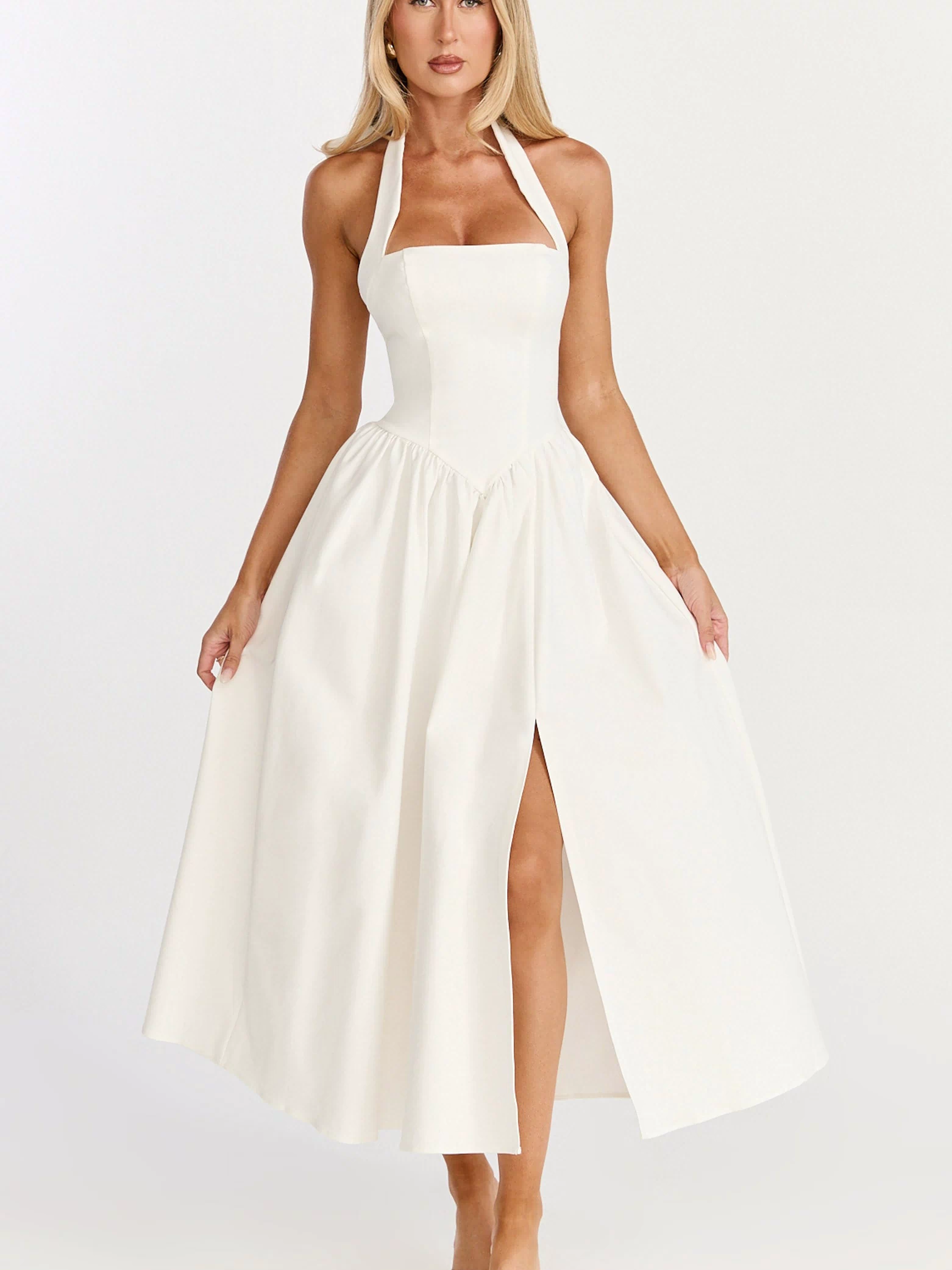Helda Midi Dress - Halter Tie Neck Corset Panel Dress in Off White