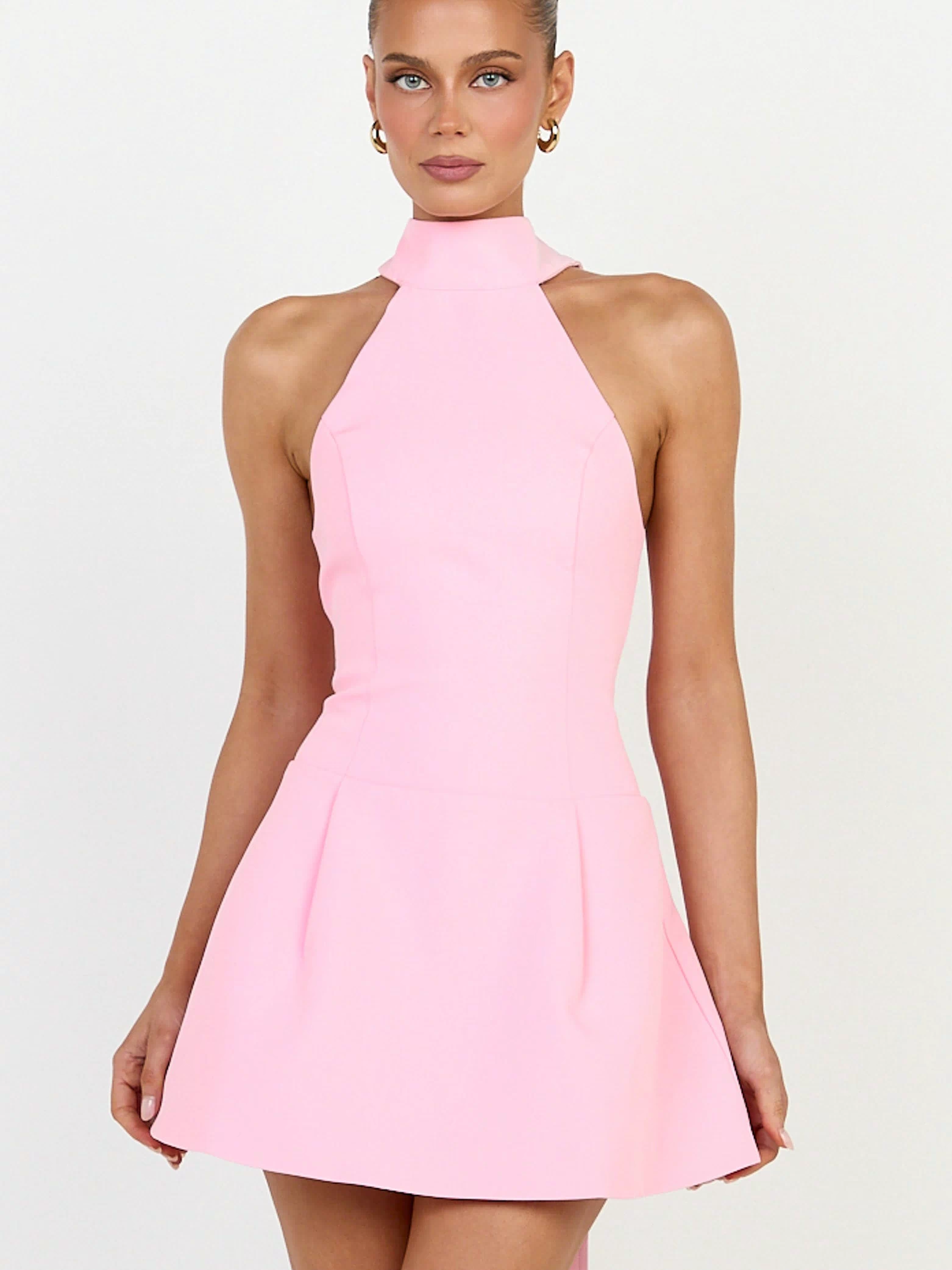 Helia Mini Dress - High Halter Neck Scarf Detail A Line Dress in Pink
