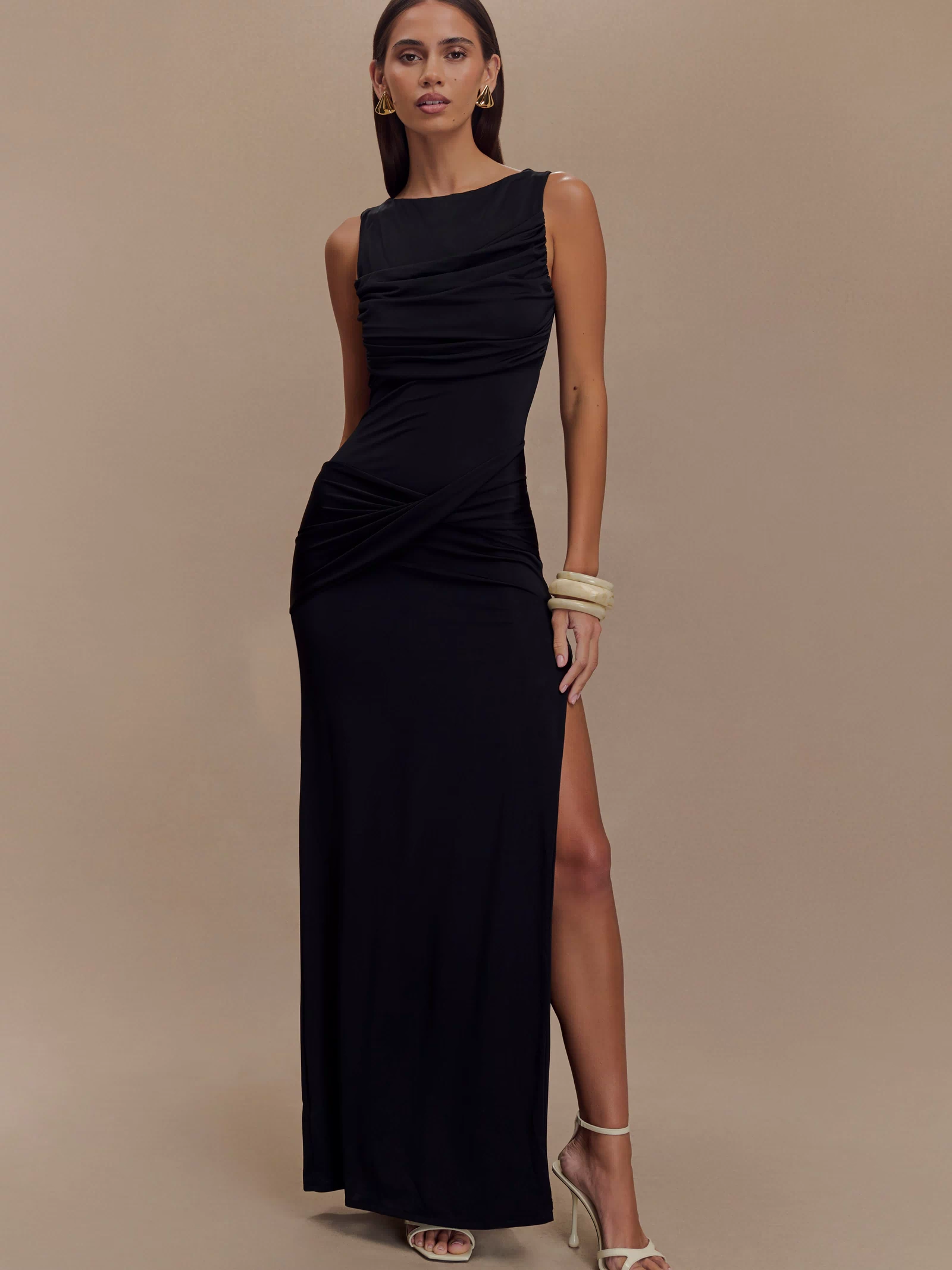 Henley Slinky Drape Maxi Dress - Black