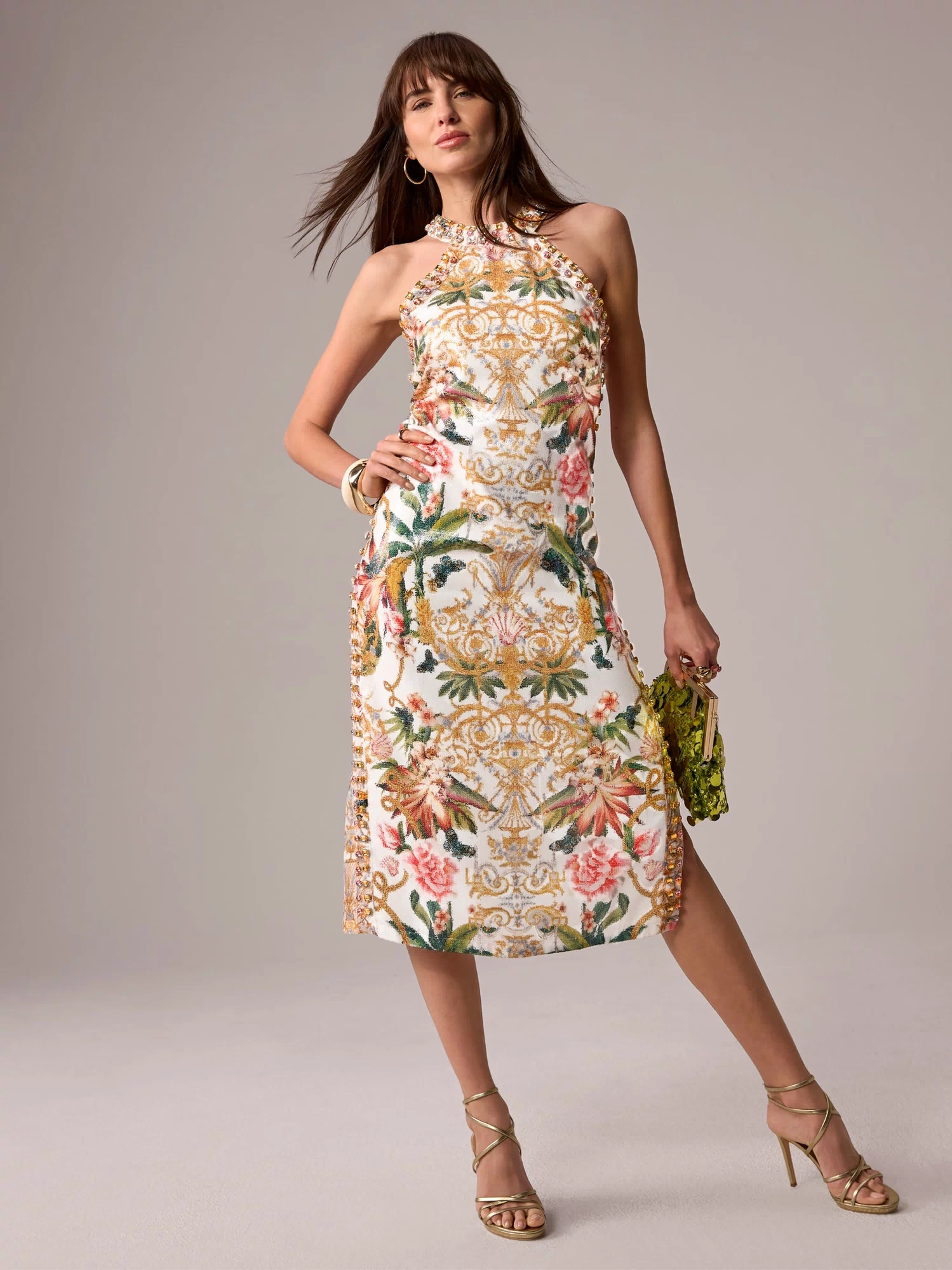 High Neck Printed Gem & Sequin Sheath Dress Vacation at the Lotus