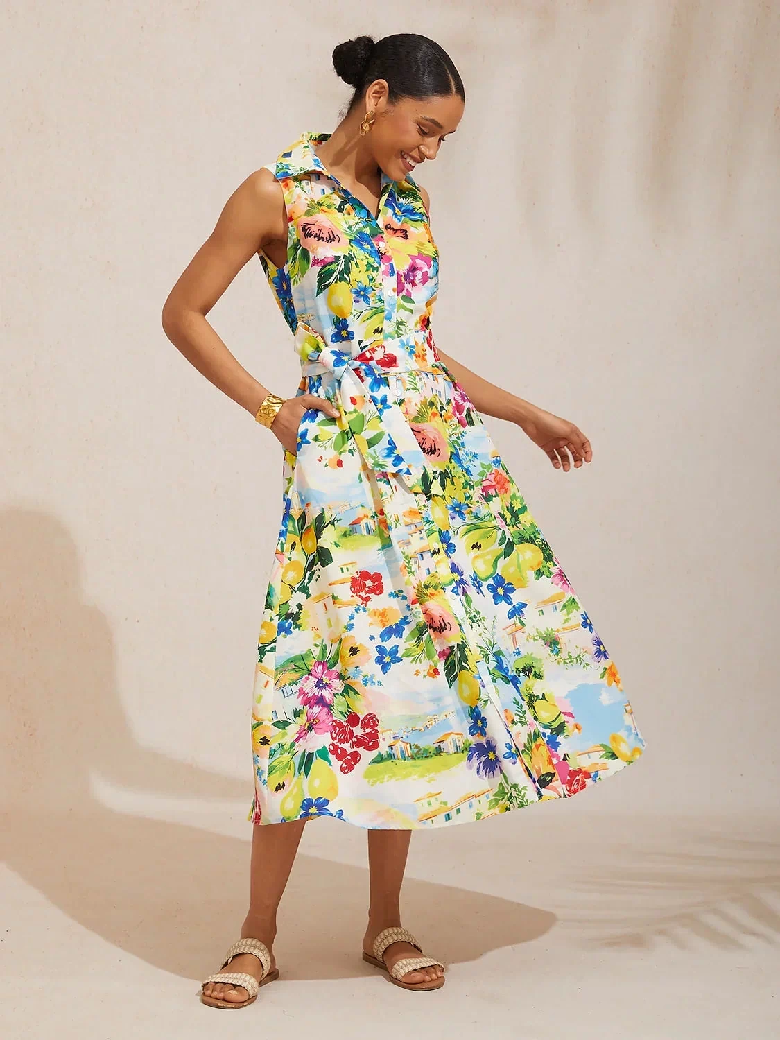 Holiday Citrus Garden Linen-Style Shirt Dress