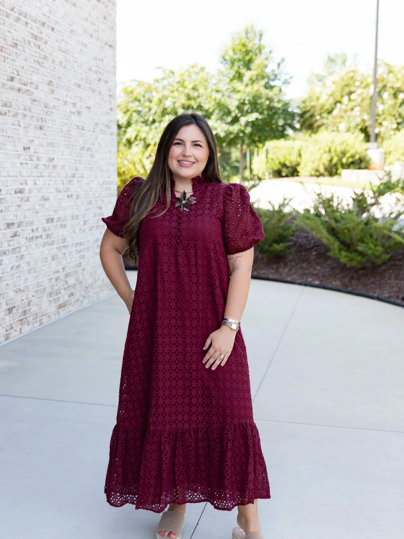Holland Puff Sleeve Midi Dress in Burgundy