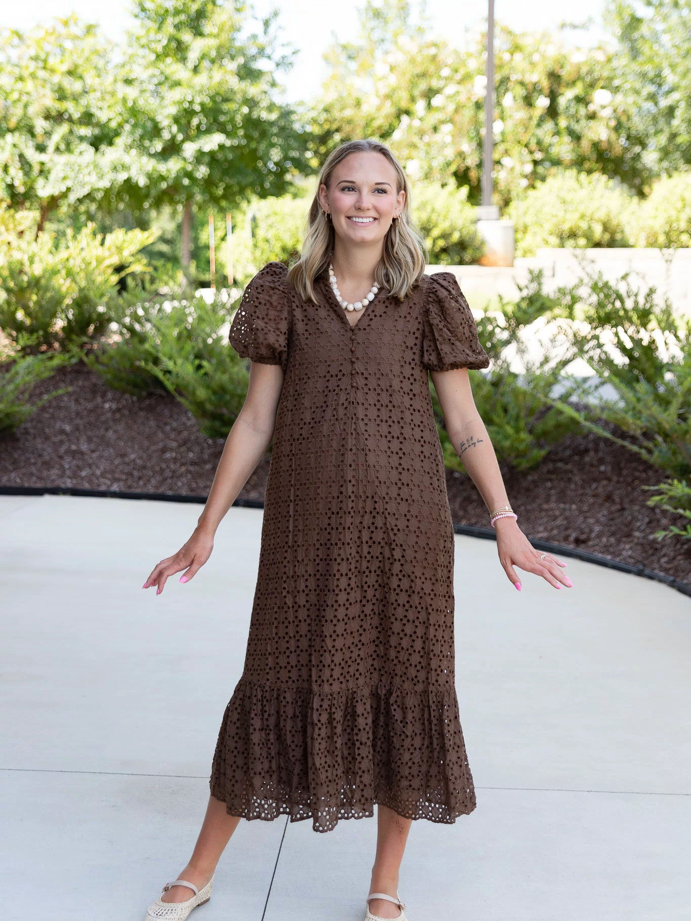 Holland Puff Sleeve Midi Dress in Brown