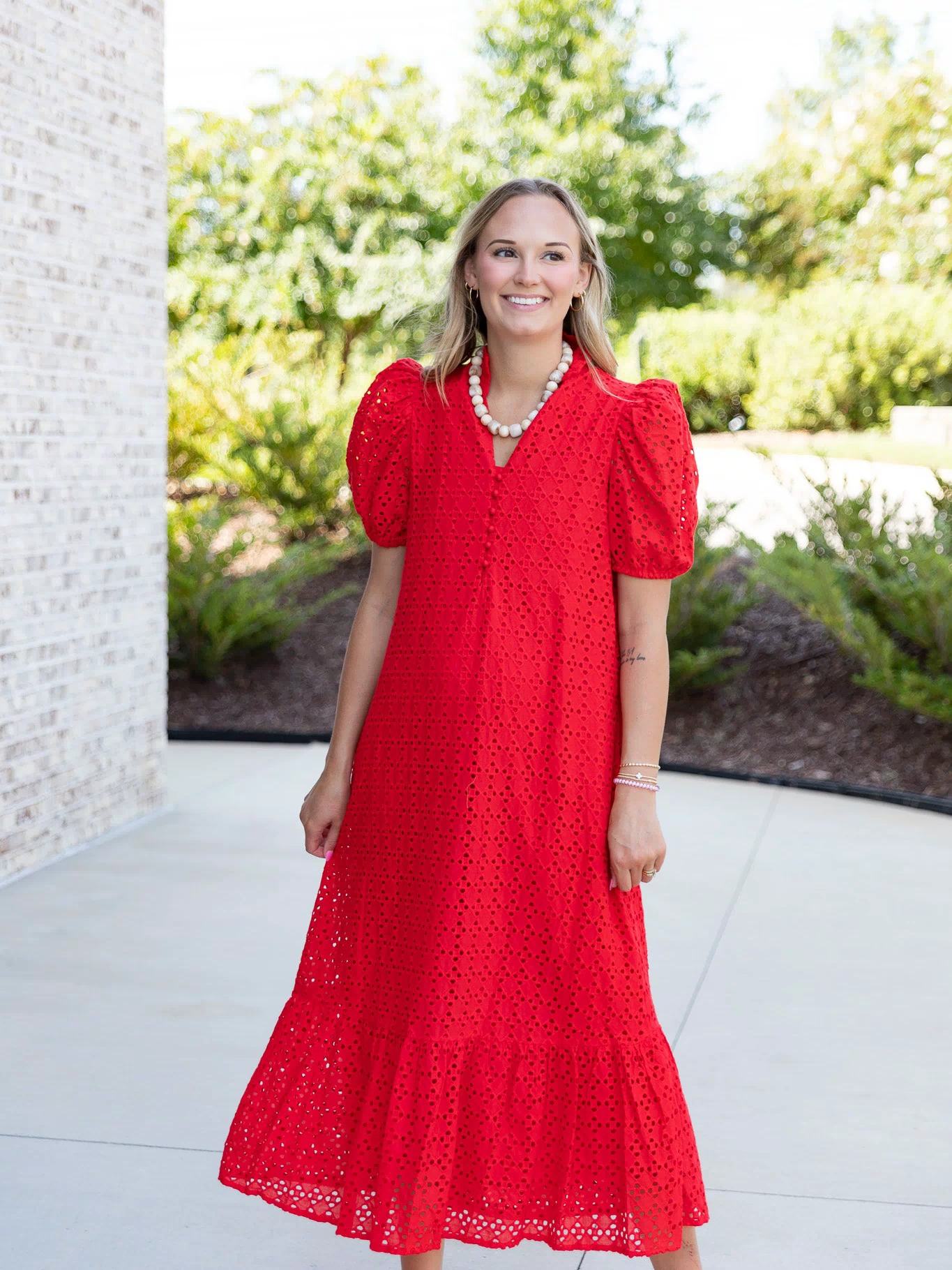 Holland Puff Sleeve Midi Dress in Red