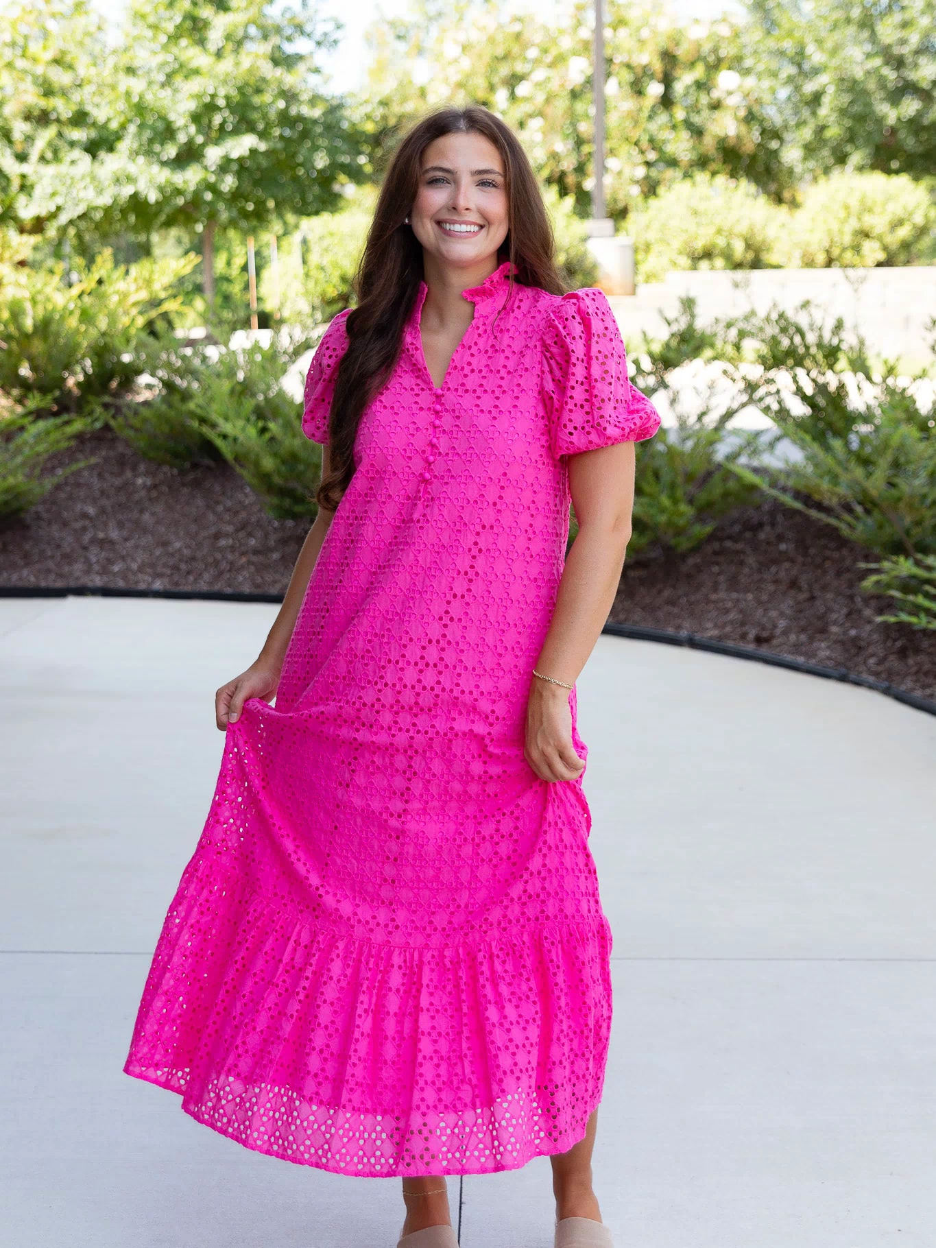Holland Puff Sleeve Midi Dress in Hot Pink