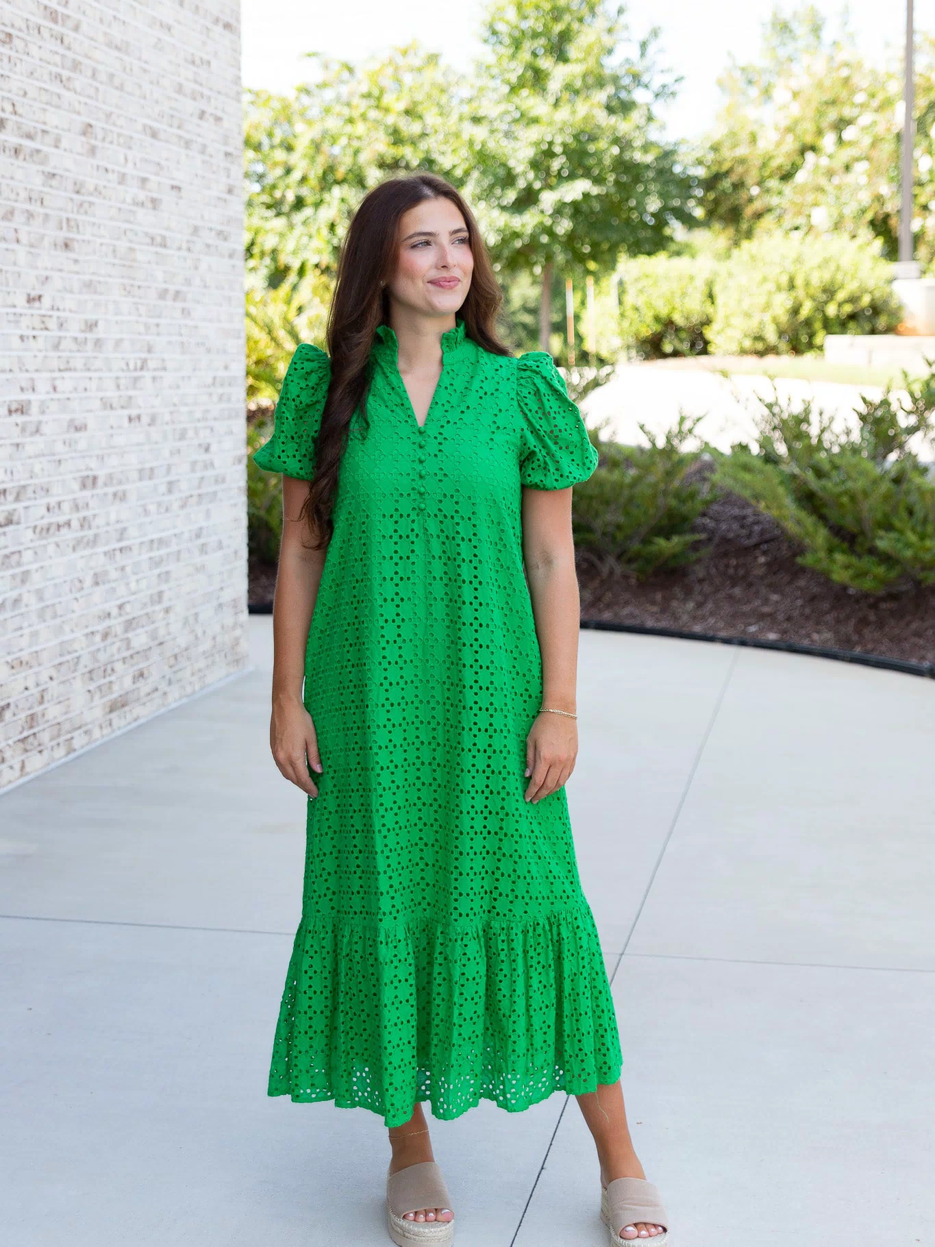 Holland Puff Sleeve Midi Dress in Green