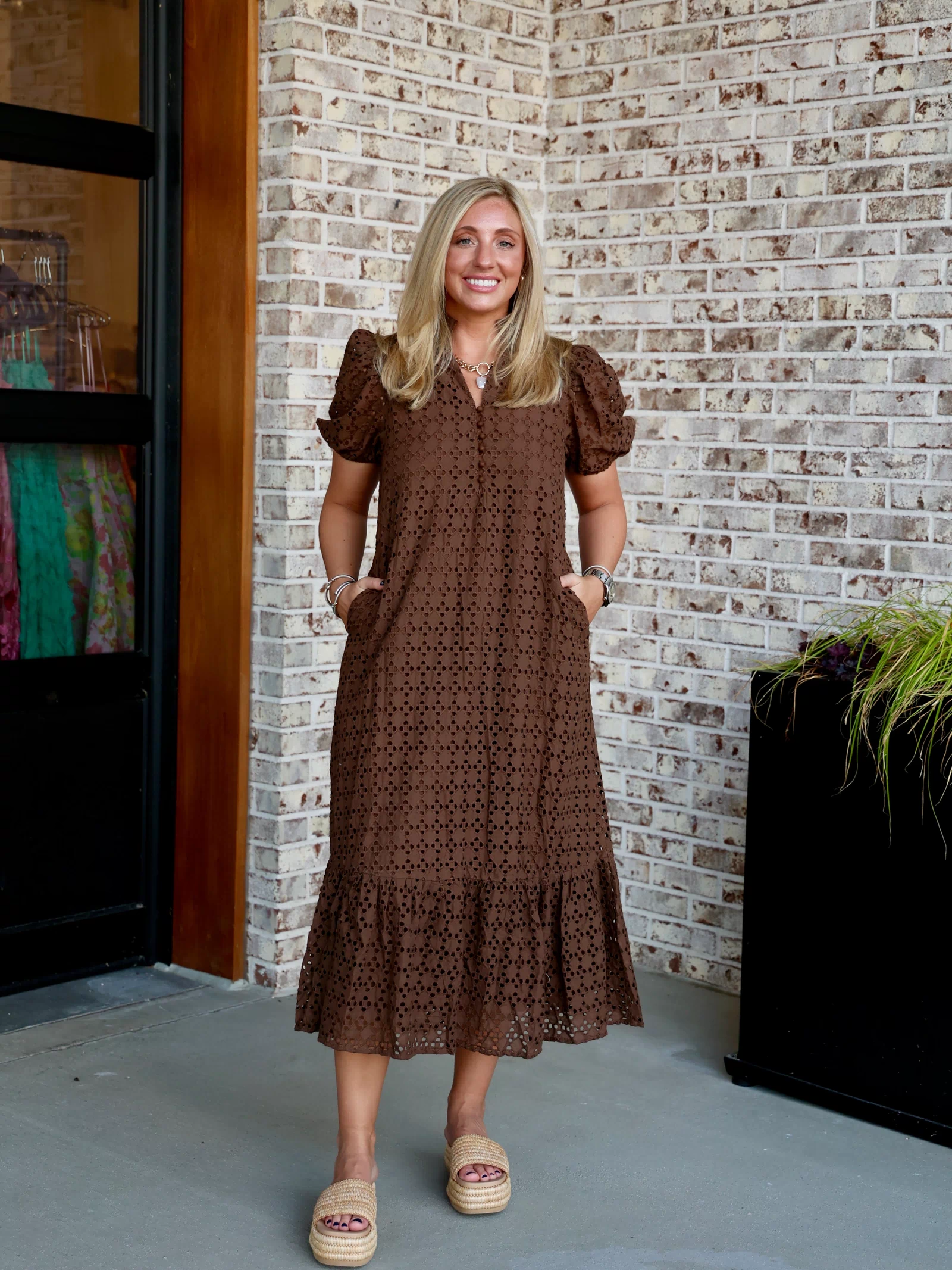Holland Puff Sleeve Midi Dress in Brown