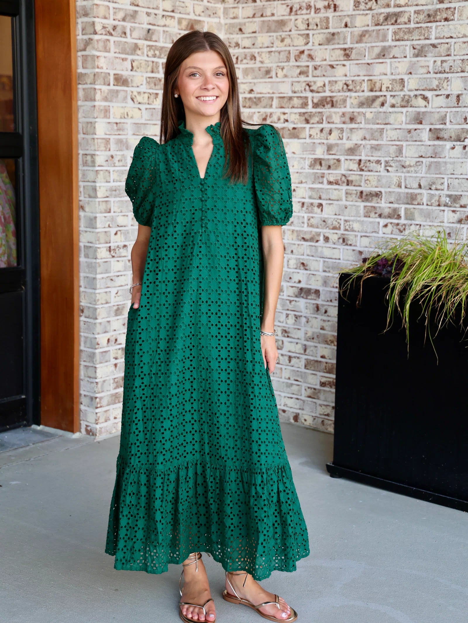 Holland Puff Sleeve Midi Dress in Hunter Green