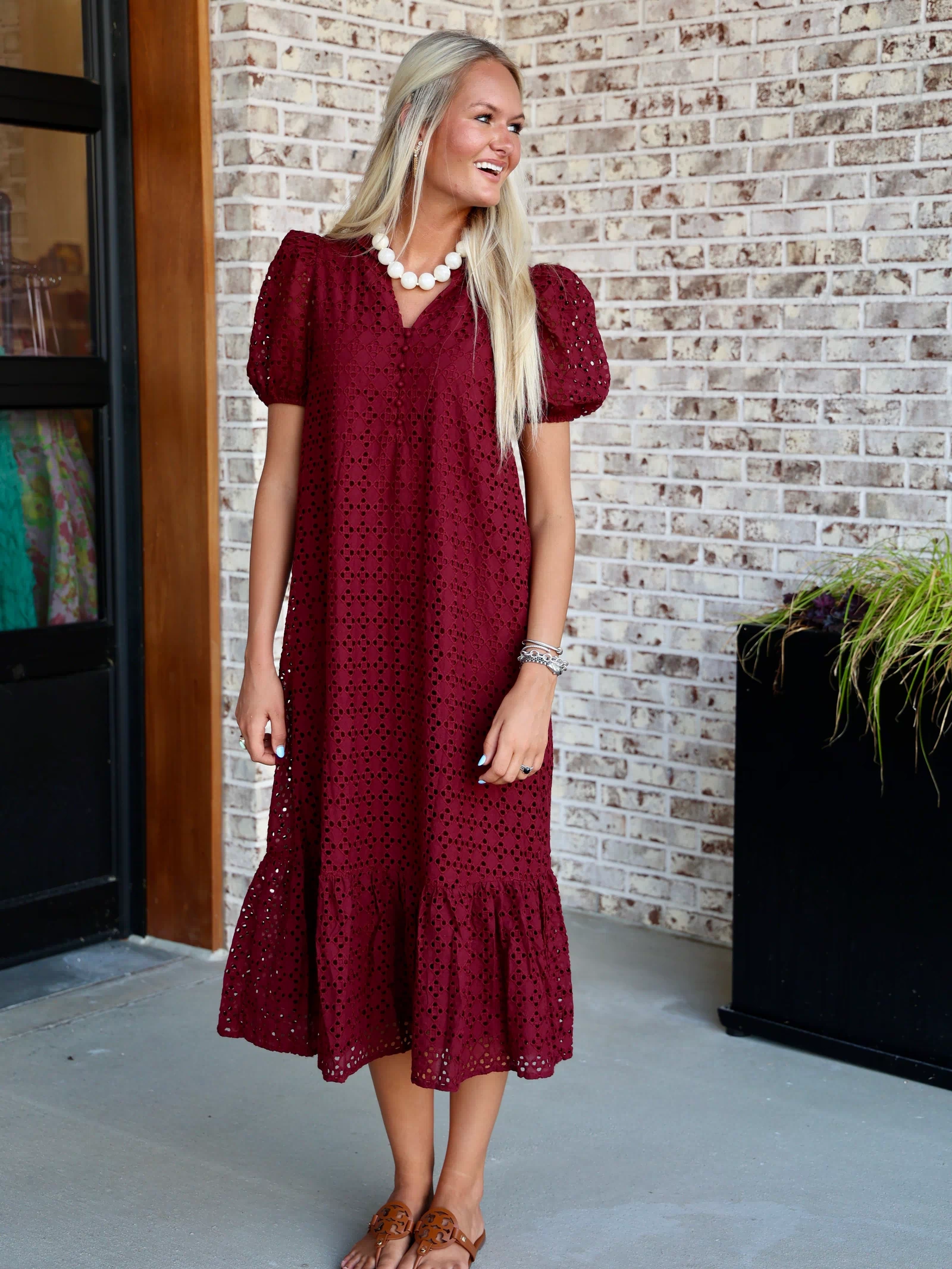 Holland Puff Sleeve Midi Dress in Burgundy