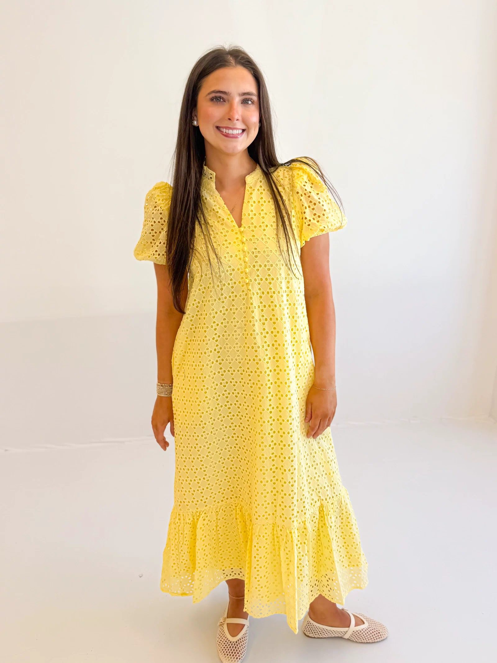 Holland Puff Sleeve Midi Dress in Lemon