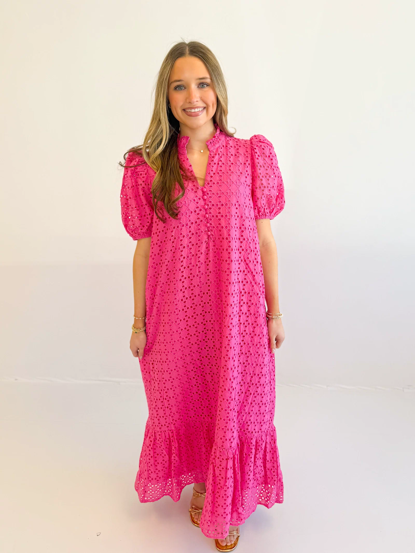 Holland Puff Sleeve Midi Dress in Hot Pink