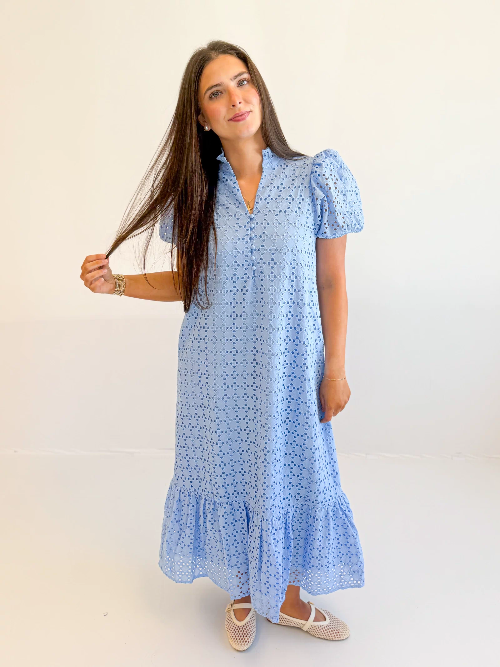 Holland Puff Sleeve Midi Dress in Blue